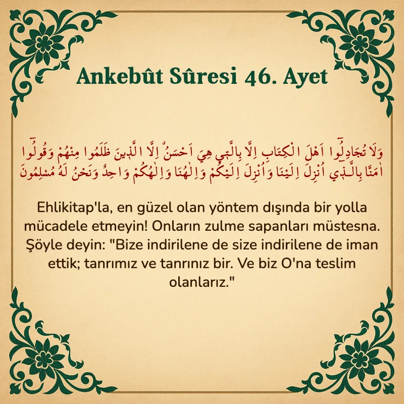 Ankebut Suresi 46. Ayet Arapça ve Türkçe meali