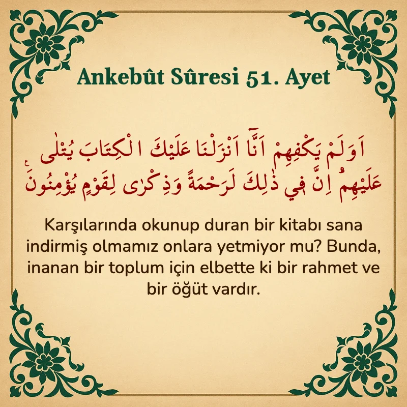 Ankebut Suresi 51. Ayet Arapça ve Türkçe meali