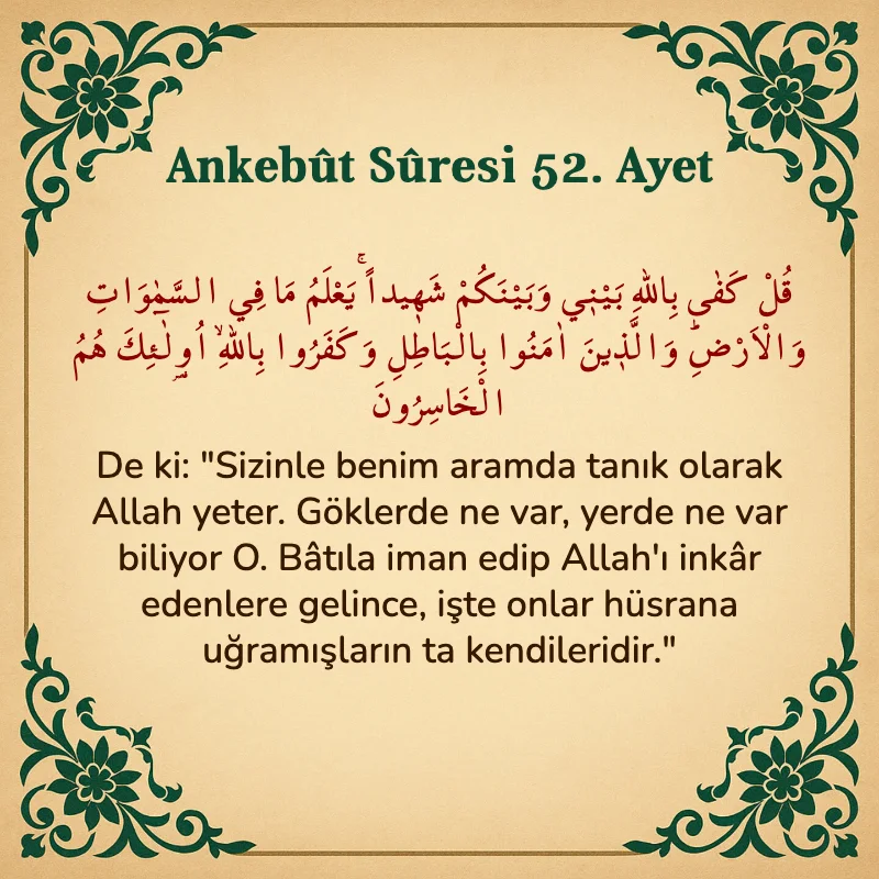 Ankebut Suresi 52. Ayet Arapça ve Türkçe meali