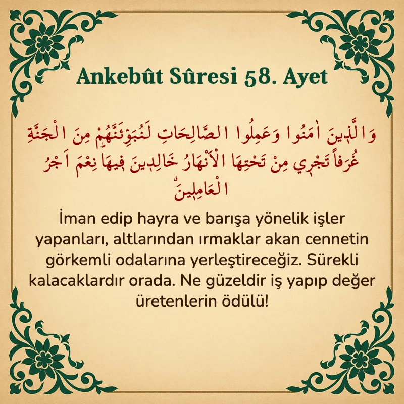 Ankebut Suresi 58. Ayet Arapça ve Türkçe meali