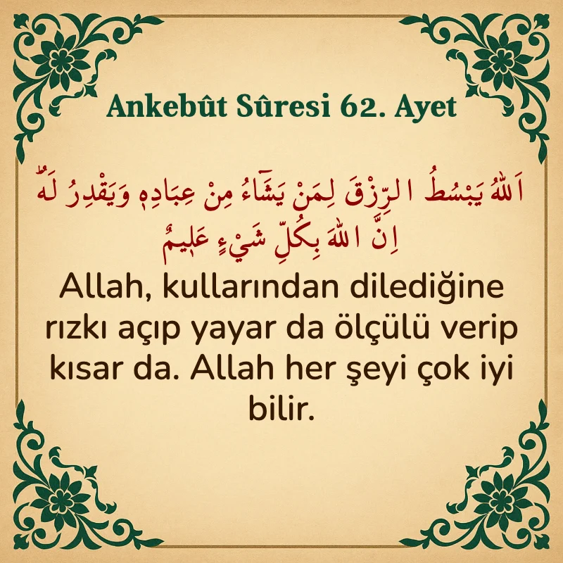 Ankebut Suresi 62. Ayet Arapça ve Türkçe meali