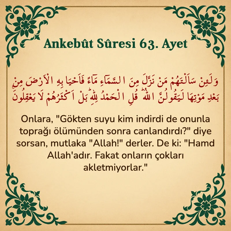Ankebut Suresi 63. Ayet Arapça ve Türkçe meali