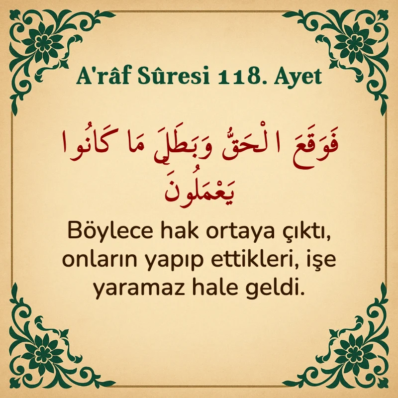 A'râf Sûresi 118. Ayet Arapça ve Türkçe meali