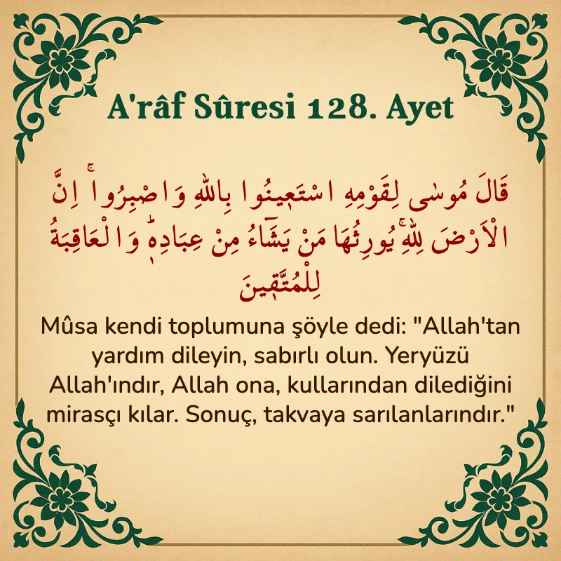 A'râf Sûresi 128. Ayet Arapça ve Türkçe meali