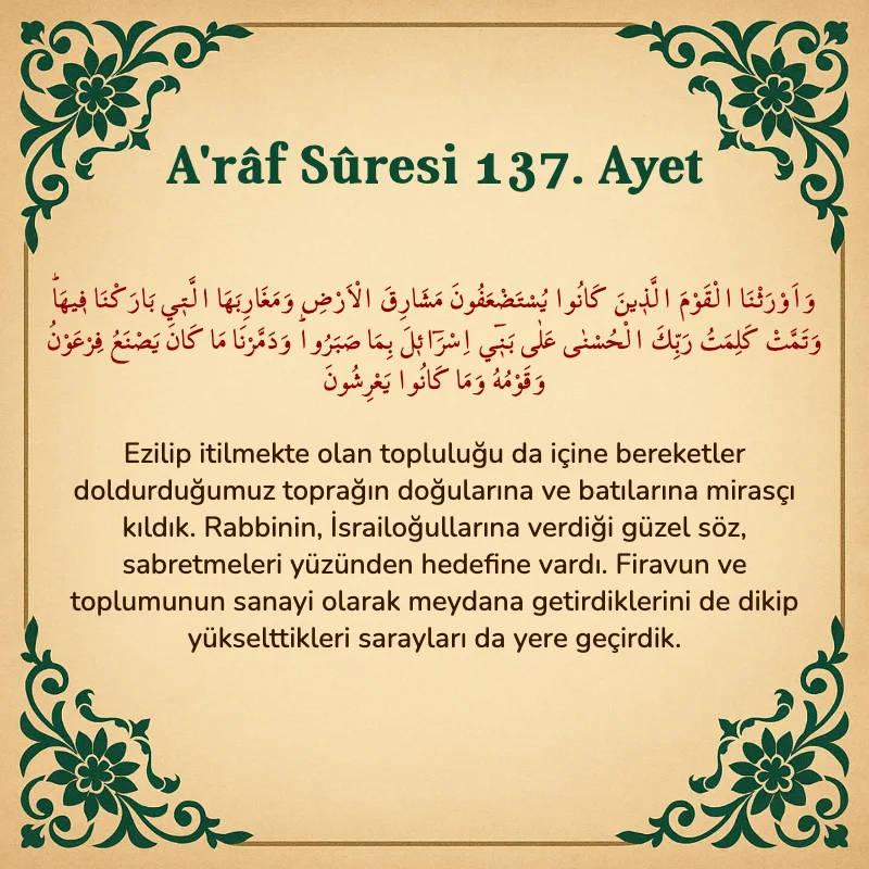 A'râf Sûresi 137. Ayet Arapça ve Türkçe meali