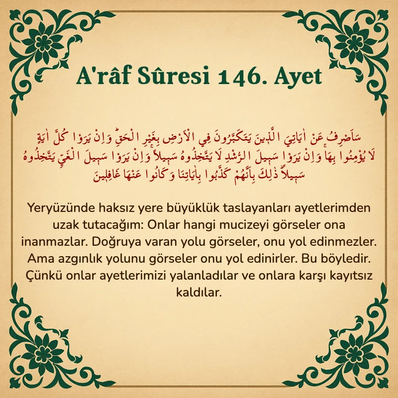 A'râf Sûresi 146. Ayet Arapça ve Türkçe meali