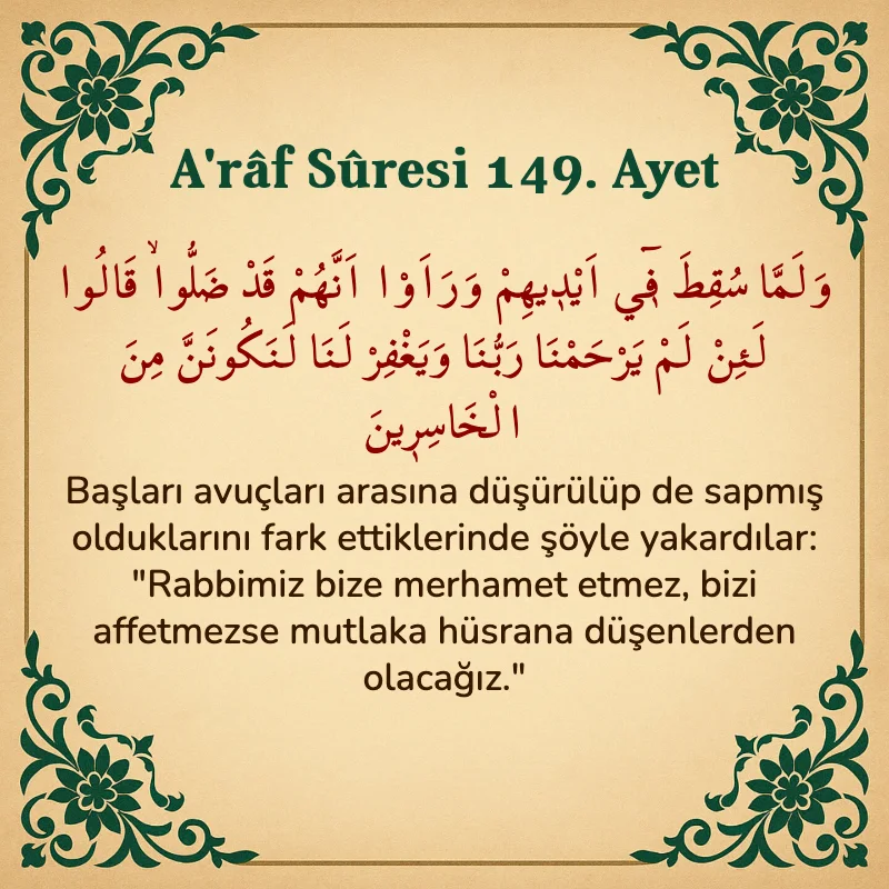 A'râf Sûresi 149. Ayet Arapça ve Türkçe meali