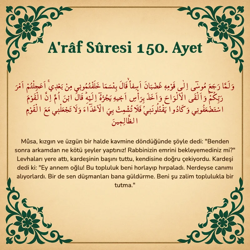 A'râf Sûresi 150. Ayet Arapça ve Türkçe meali