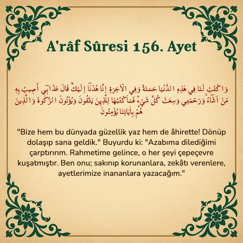 A'râf Sûresi 156. Ayet Arapça ve Türkçe meali