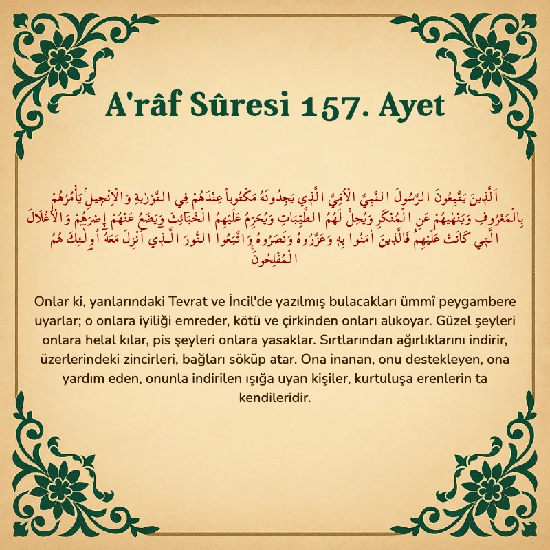 A'râf Sûresi 157. Ayet Arapça ve Türkçe meali
