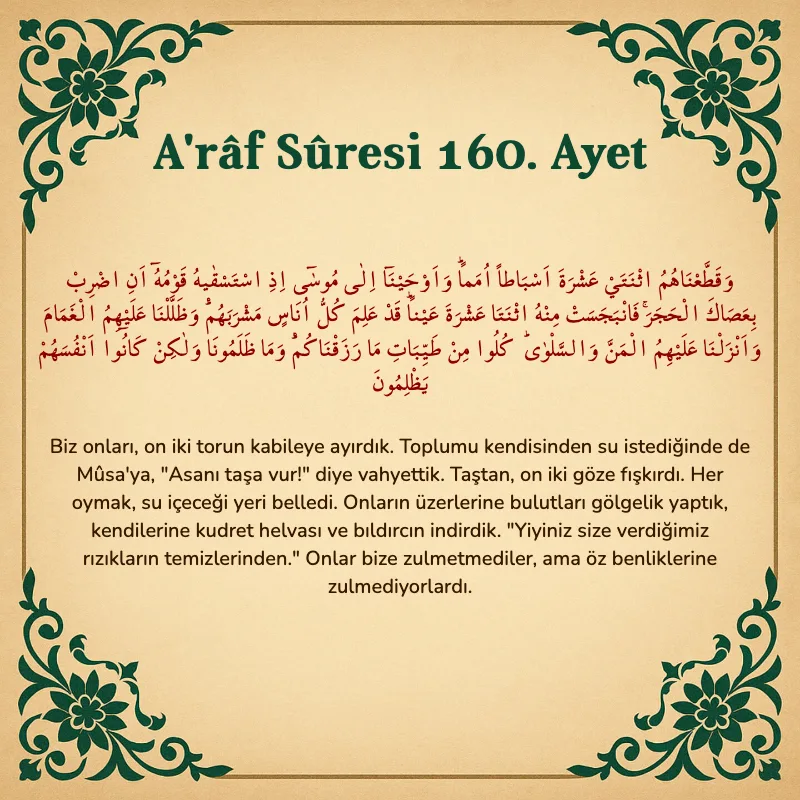 A'râf Sûresi 160. Ayet Arapça ve Türkçe meali