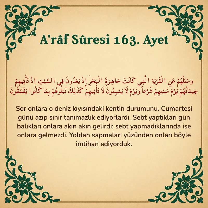 A'râf Sûresi 163. Ayet Arapça ve Türkçe meali