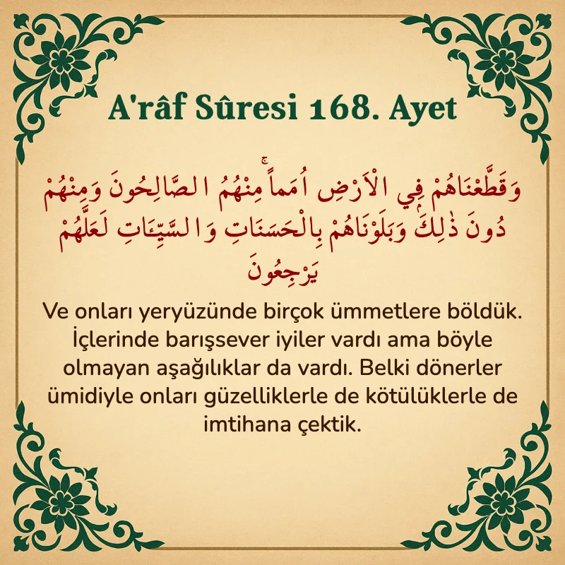 A'râf Sûresi 168. Ayet Arapça ve Türkçe meali