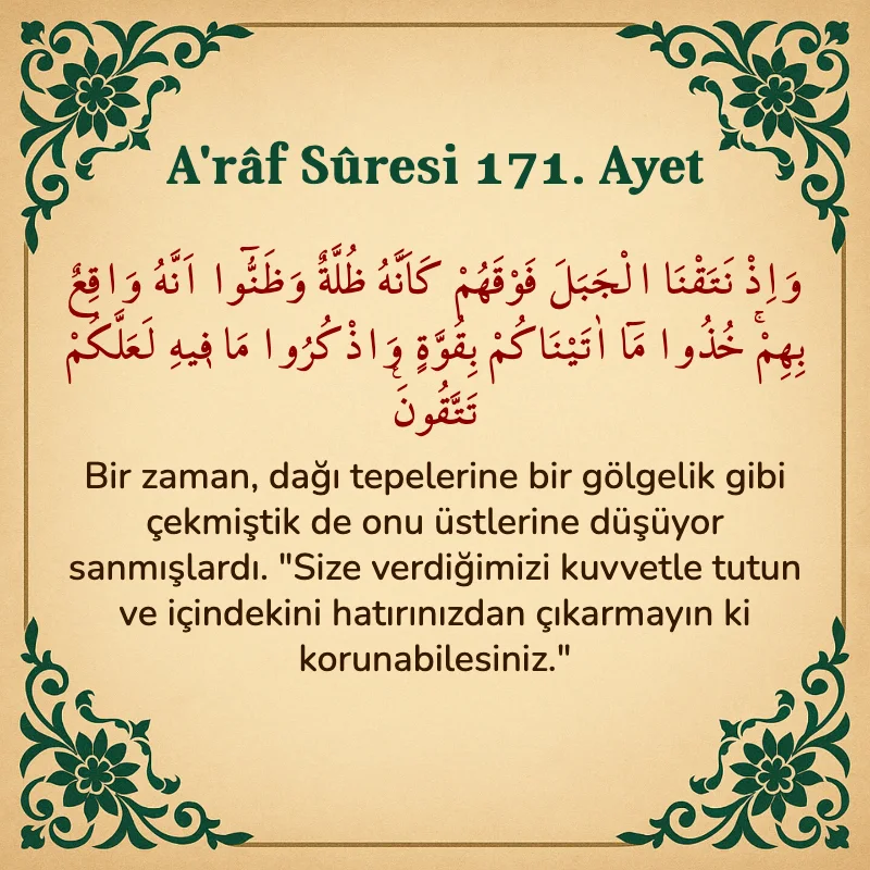 A'râf Sûresi 171. Ayet Arapça ve Türkçe meali