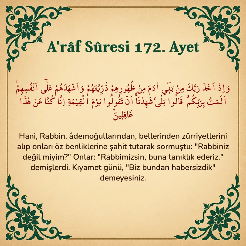 A'râf Sûresi 172. Ayet Arapça ve Türkçe meali