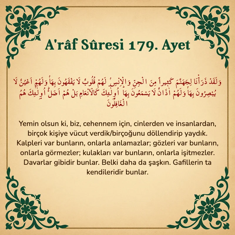 A'râf Sûresi 179. Ayet Arapça ve Türkçe meali
