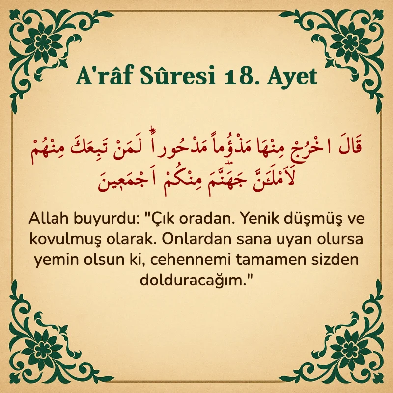 A'râf Sûresi 18. Ayet Arapça ve Türkçe meali