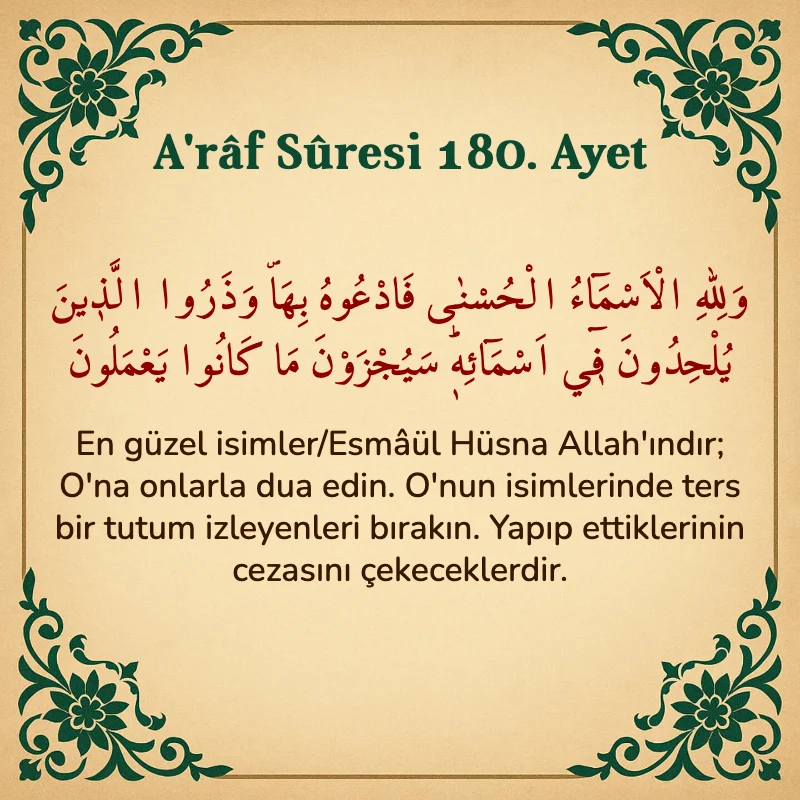 A'râf Sûresi 180. Ayet Arapça ve Türkçe meali