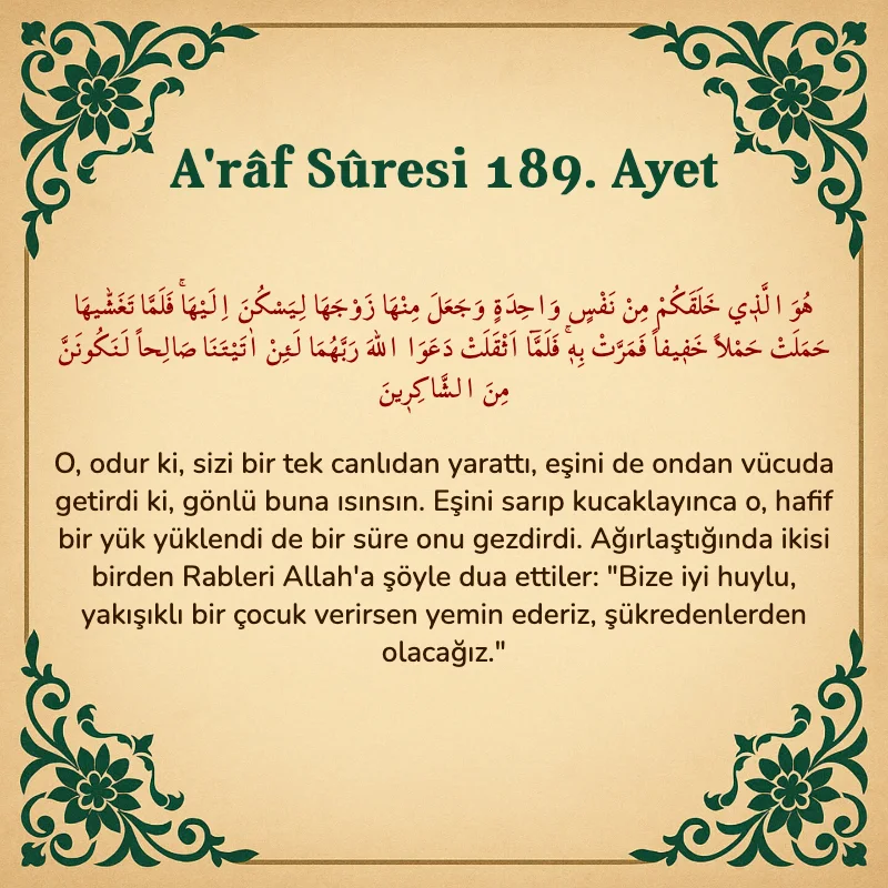 A'râf Sûresi 189. Ayet Arapça ve Türkçe meali