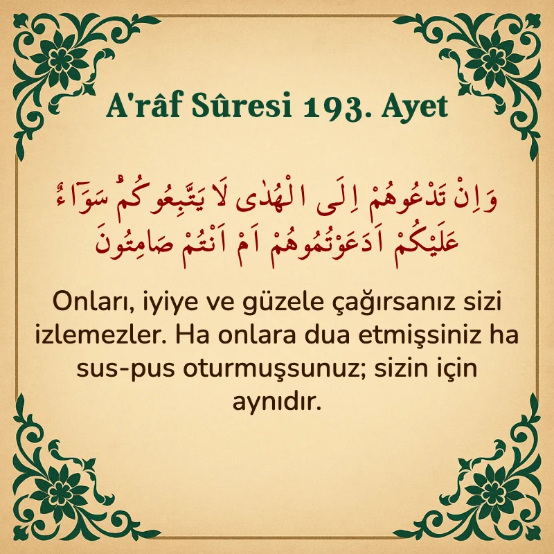 A'râf Sûresi 193. Ayet Arapça ve Türkçe meali
