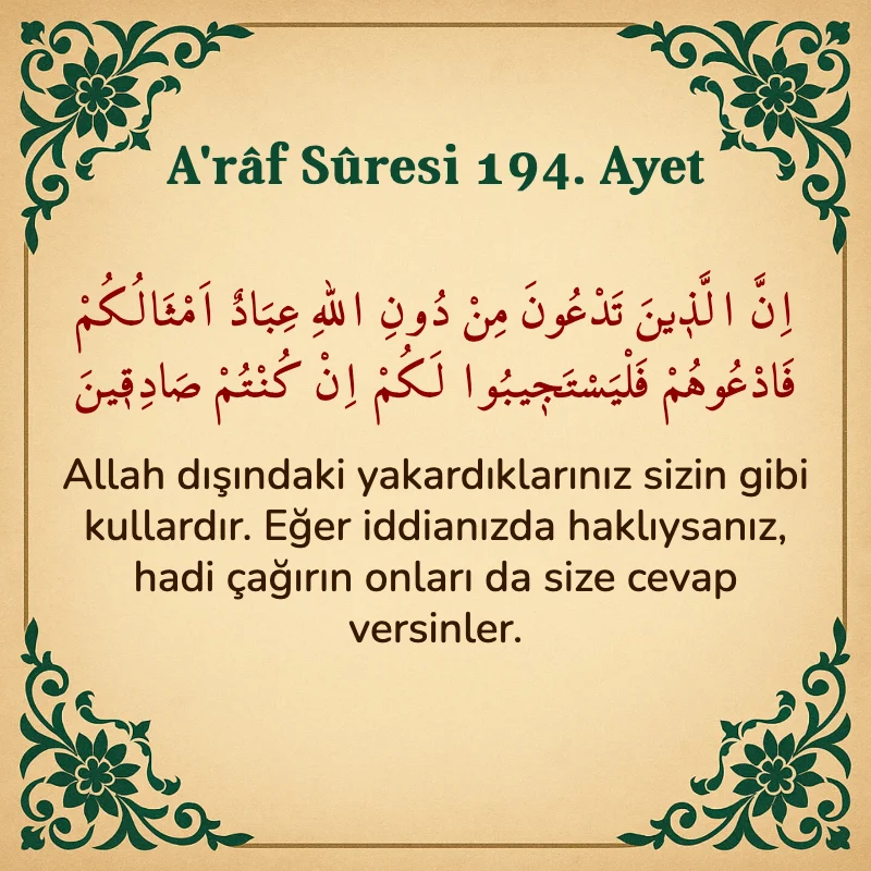 A'râf Sûresi 194. Ayet Arapça ve Türkçe meali