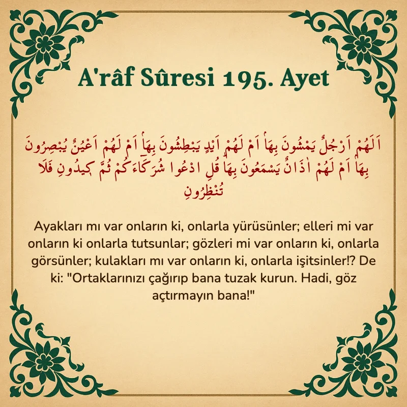 A'râf Sûresi 195. Ayet Arapça ve Türkçe meali