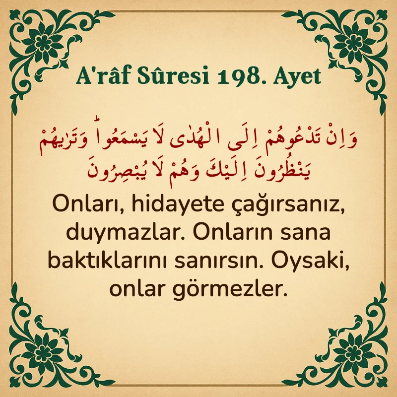 A'râf Sûresi 198. Ayet Arapça ve Türkçe meali