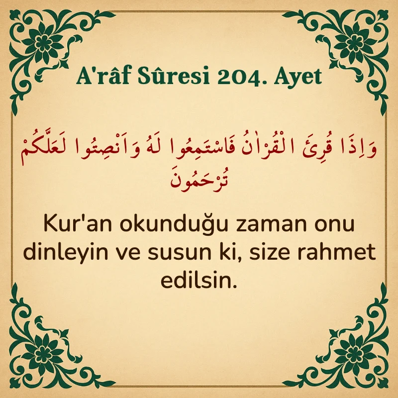 A'râf Sûresi 204. Ayet Arapça ve Türkçe meali