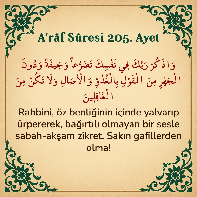 A'râf Sûresi 205. Ayet Arapça ve Türkçe meali