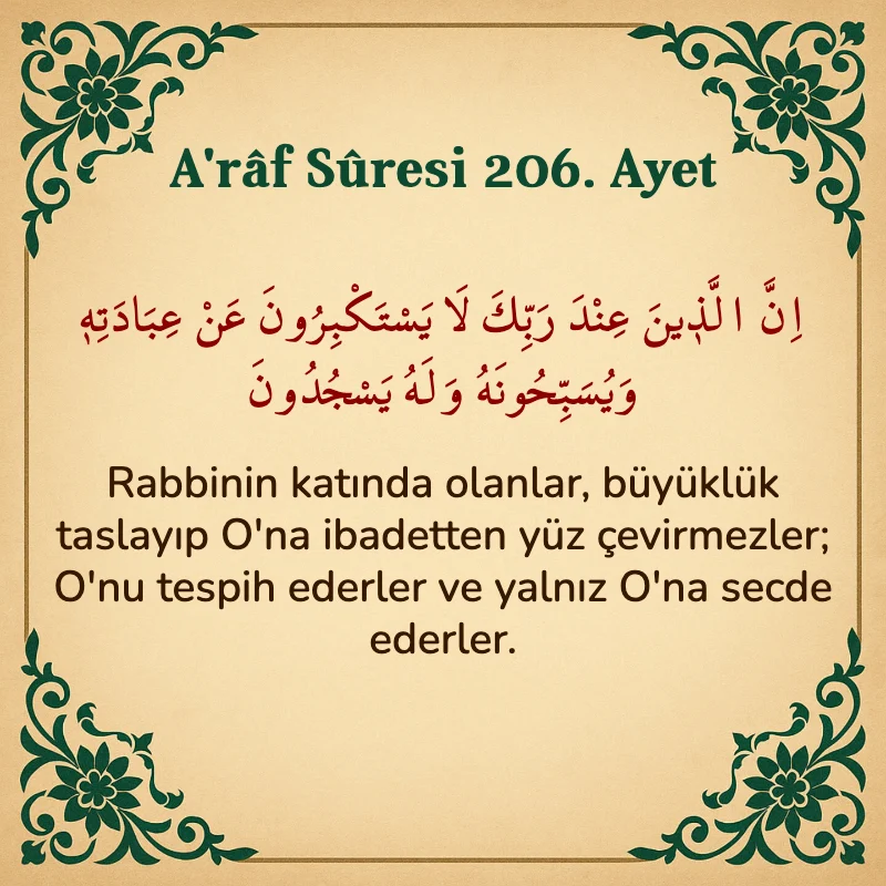 A'râf Sûresi 206. Ayet Arapça ve Türkçe meali