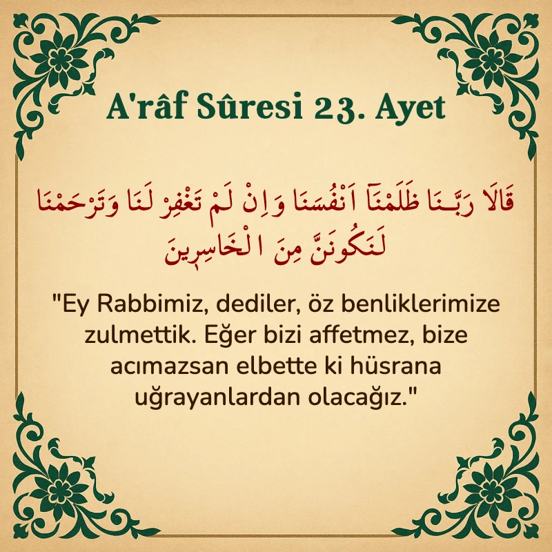 A'râf Sûresi 23. Ayet Arapça ve Türkçe meali