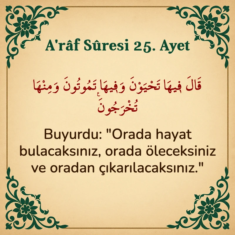 A'râf Sûresi 25. Ayet Arapça ve Türkçe meali