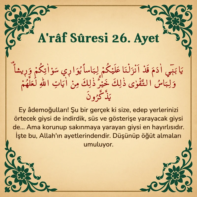 A'râf Sûresi 26. Ayet Arapça ve Türkçe meali