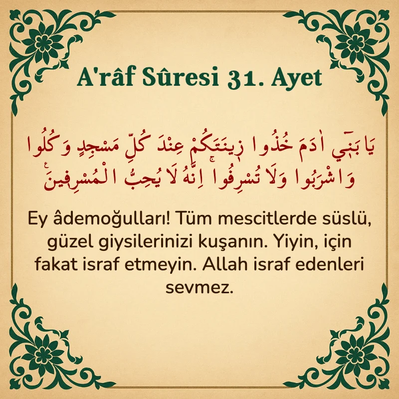 A'râf Sûresi 31. Ayet Arapça ve Türkçe meali