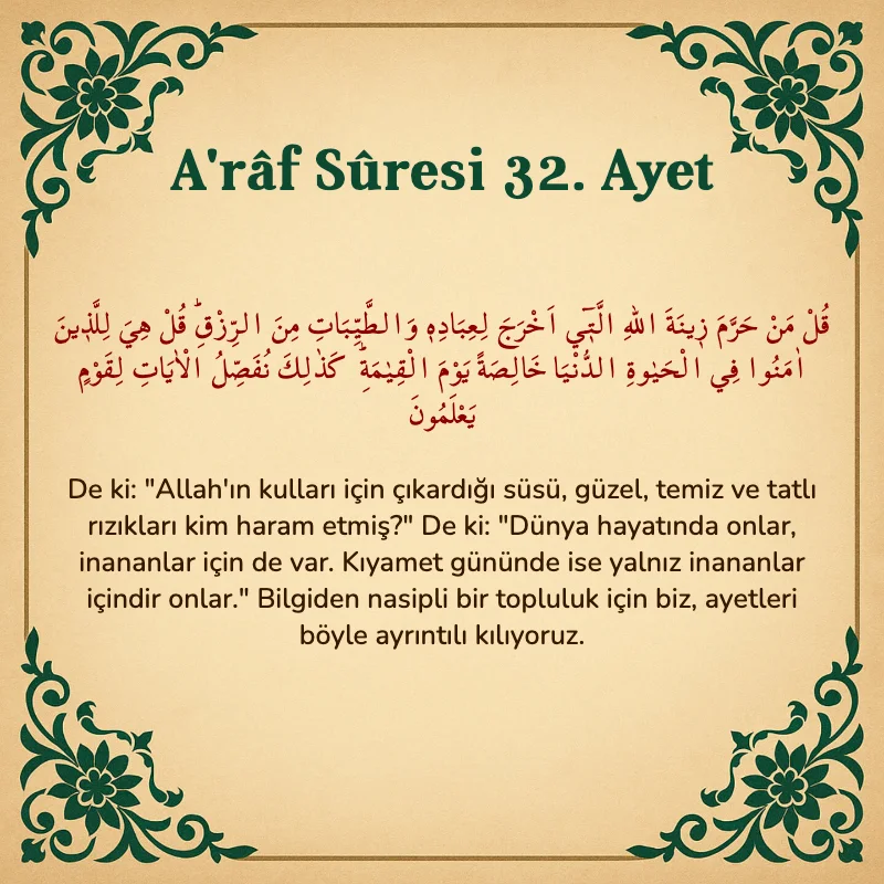 A'râf Sûresi 32. Ayet Arapça ve Türkçe meali