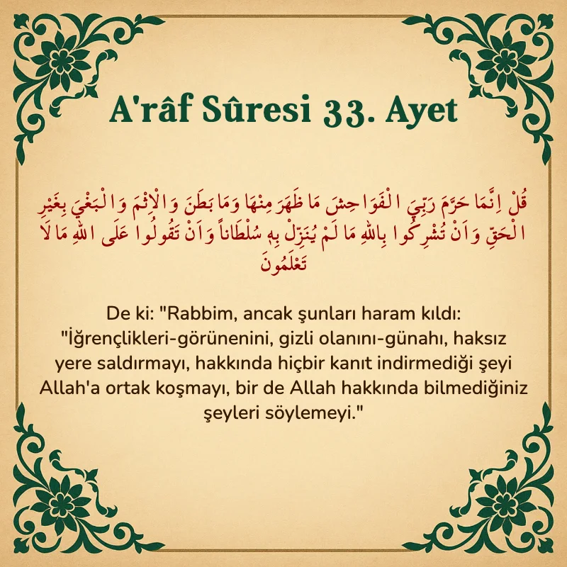 A'râf Sûresi 33. Ayet Arapça ve Türkçe meali