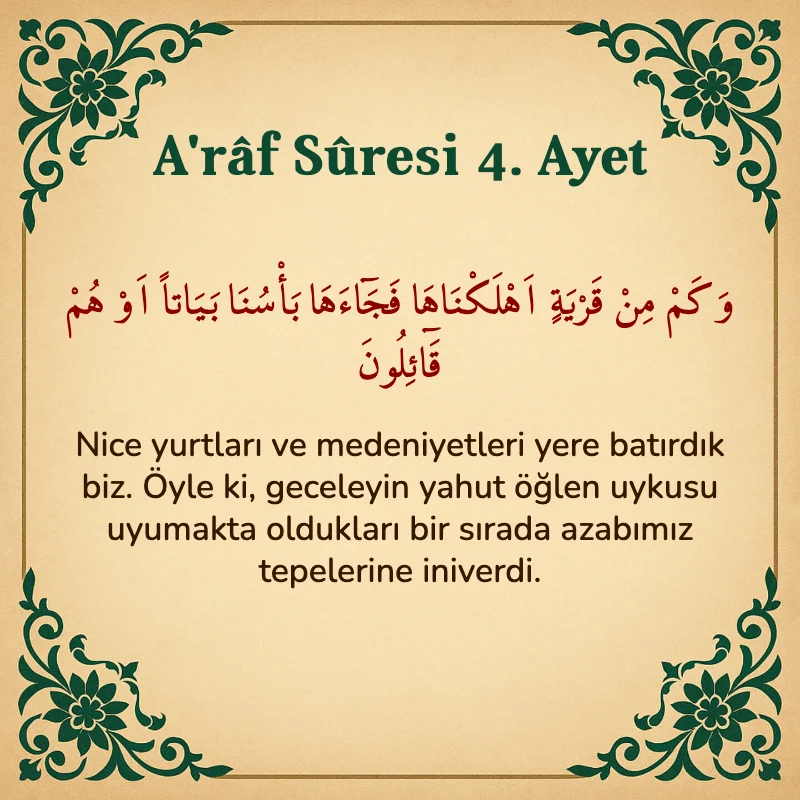 A'râf Sûresi 4. Ayet Arapça ve Türkçe meali