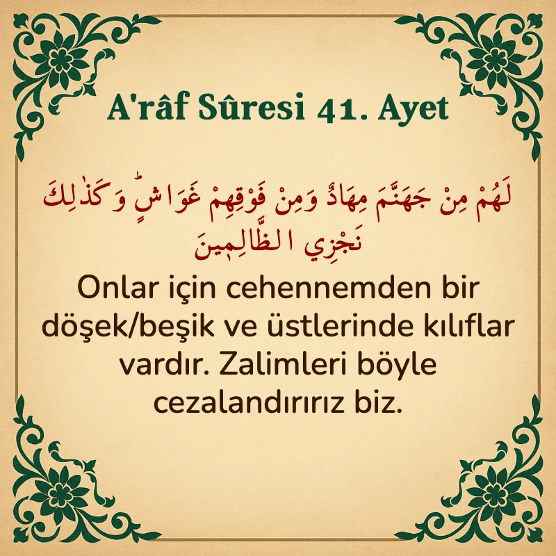 A'râf Sûresi 41. Ayet Arapça ve Türkçe meali
