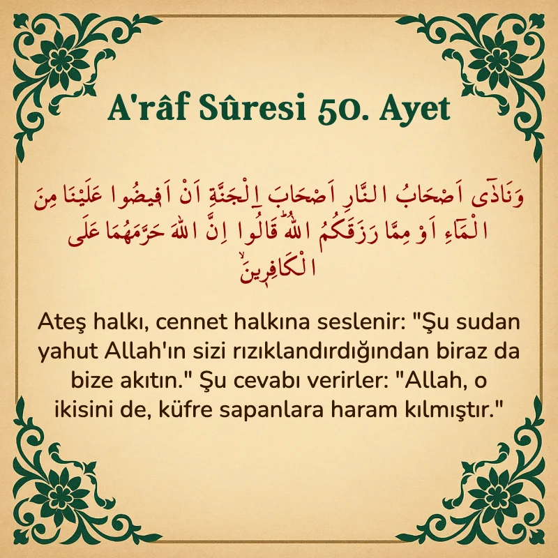 A'râf Sûresi 50. Ayet Arapça ve Türkçe meali