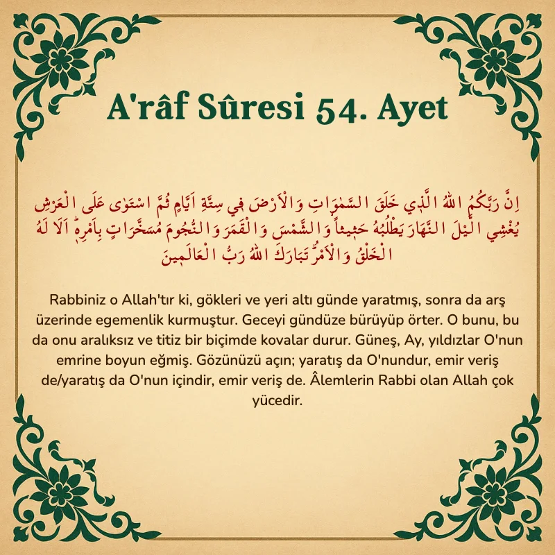 A'râf Sûresi 54. Ayet Arapça ve Türkçe meali