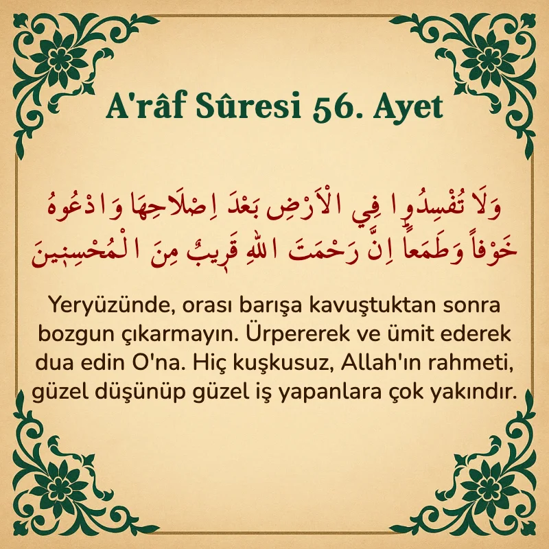 A'râf Sûresi 56. Ayet Arapça ve Türkçe meali