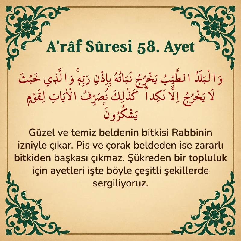 A'râf Sûresi 58. Ayet Arapça ve Türkçe meali