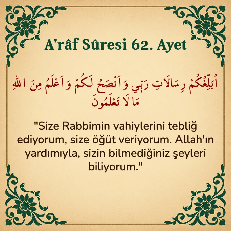 A'râf Sûresi 62. Ayet Arapça ve Türkçe meali