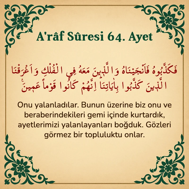 A'râf Sûresi 64. Ayet Arapça ve Türkçe meali