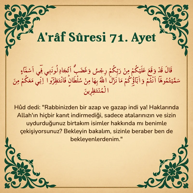 A'râf Sûresi 71. Ayet Arapça ve Türkçe meali