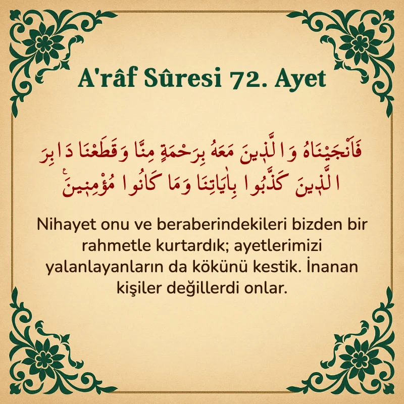 A'râf Sûresi 72. Ayet Arapça ve Türkçe meali