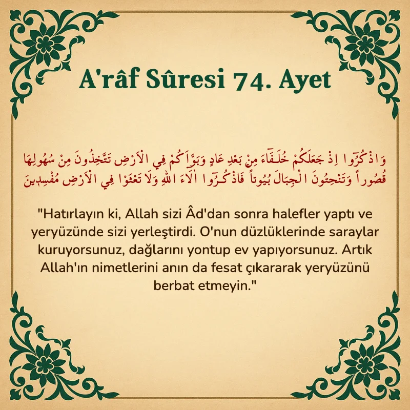 A'râf Sûresi 74. Ayet Arapça ve Türkçe meali