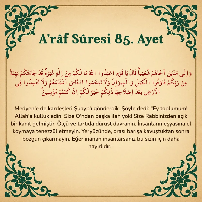 A'râf Sûresi 85. Ayet Arapça ve Türkçe meali