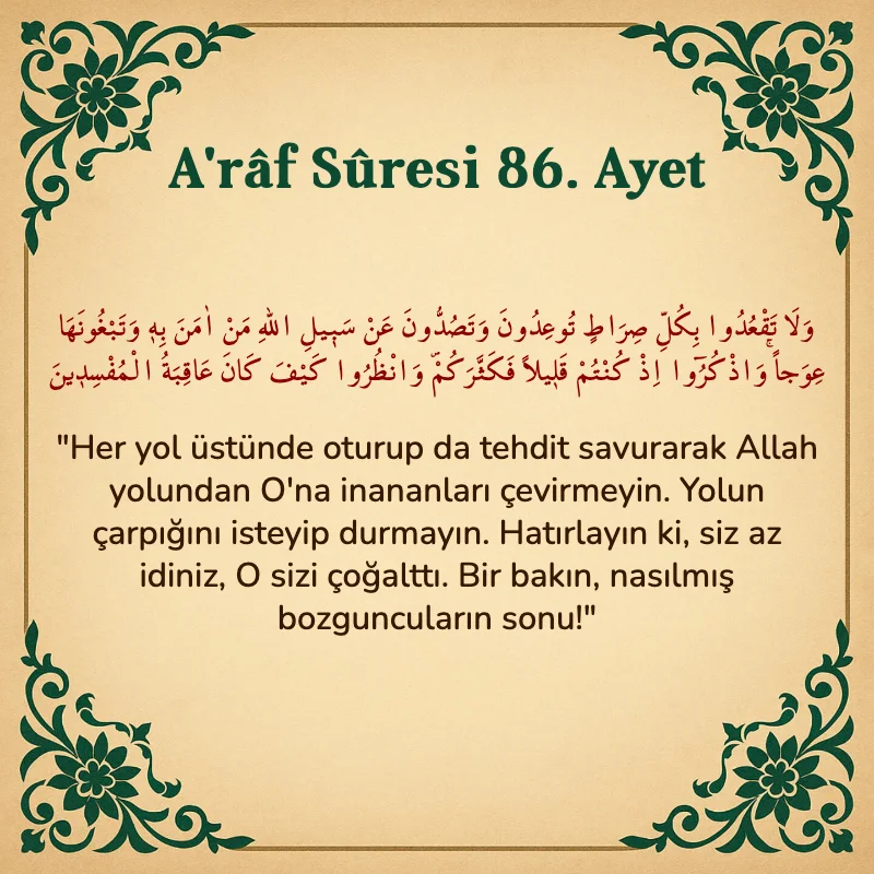 A'râf Sûresi 86. Ayet Arapça ve Türkçe meali