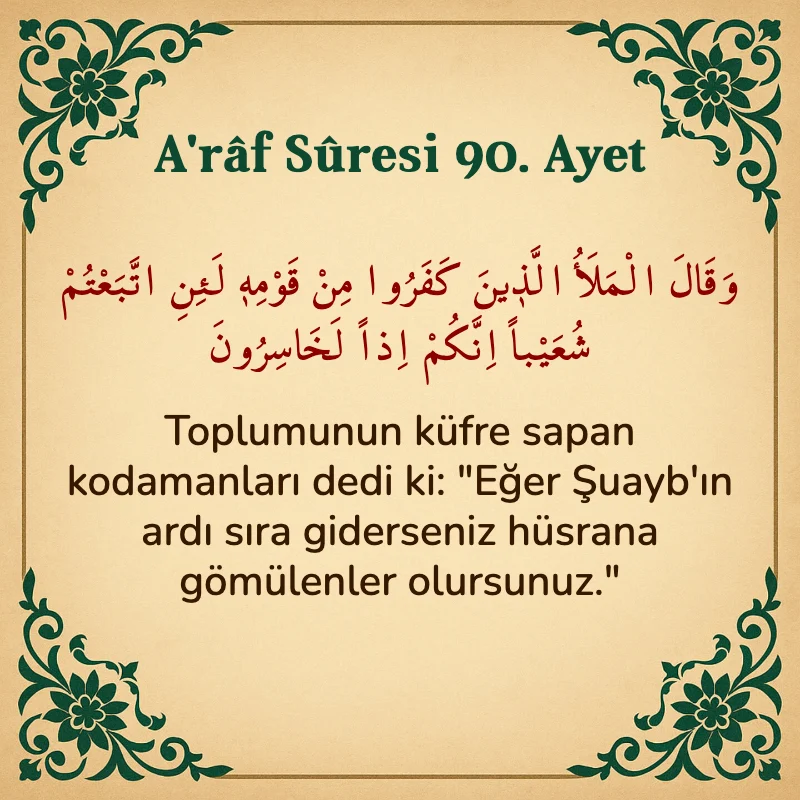 A'râf Sûresi 90. Ayet Arapça ve Türkçe meali